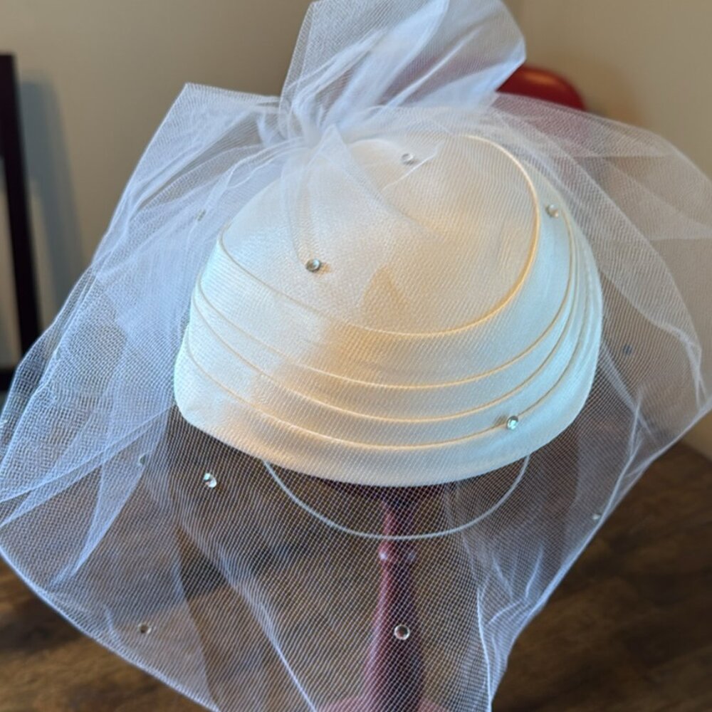 Princess Dianna Style White Wedding Hat w/ white satin hat, tulle, chin strap